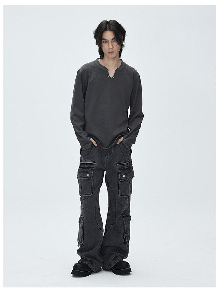 CATSSTAC Washed Multi Pocket Mid Rise Cargo Denim Black Grey Straight Leg Jeans
