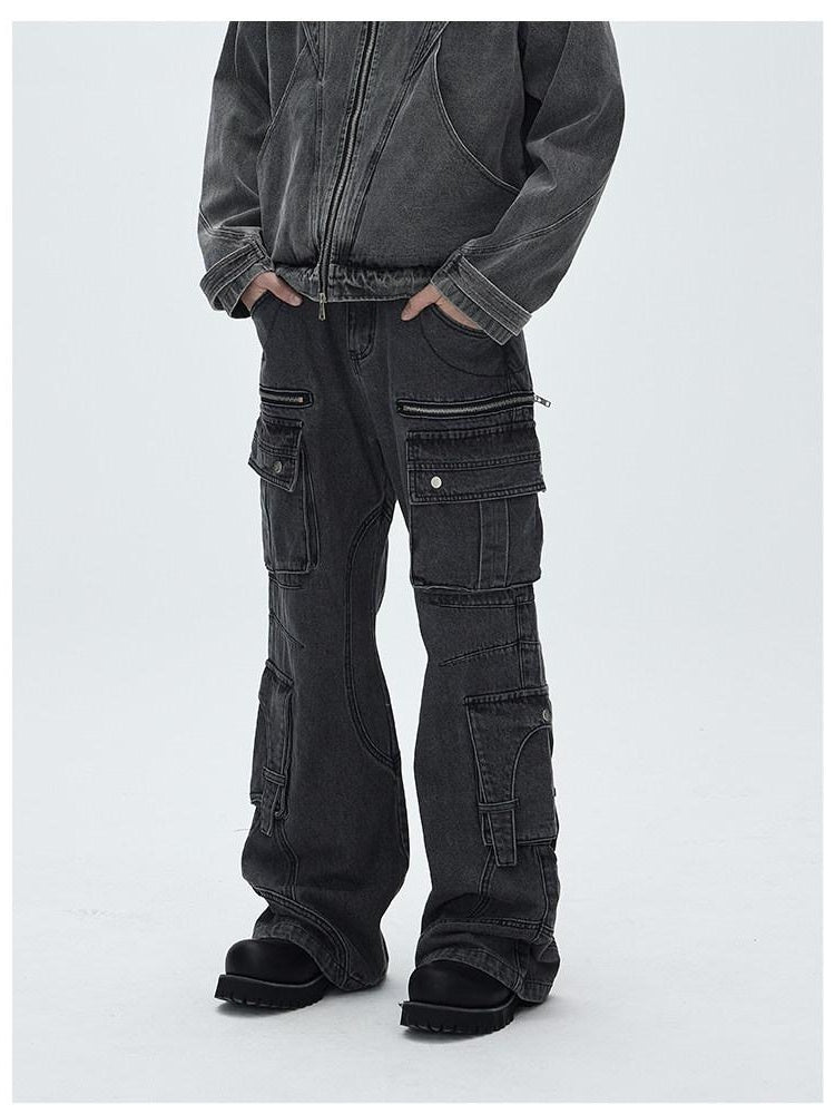 CATSSTAC Washed Multi Pocket Mid Rise Cargo Denim Black Grey Straight Leg Jeans