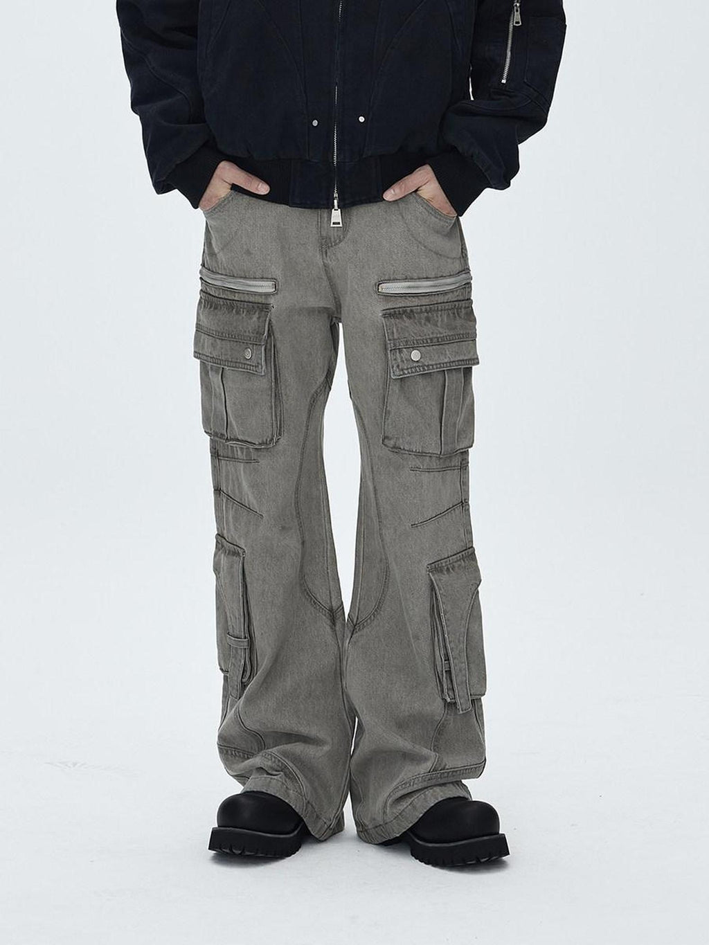 CATSSTAC Washed Multi Pocket Mid Rise Cargo Denim Black Grey Straight Leg Jeans
