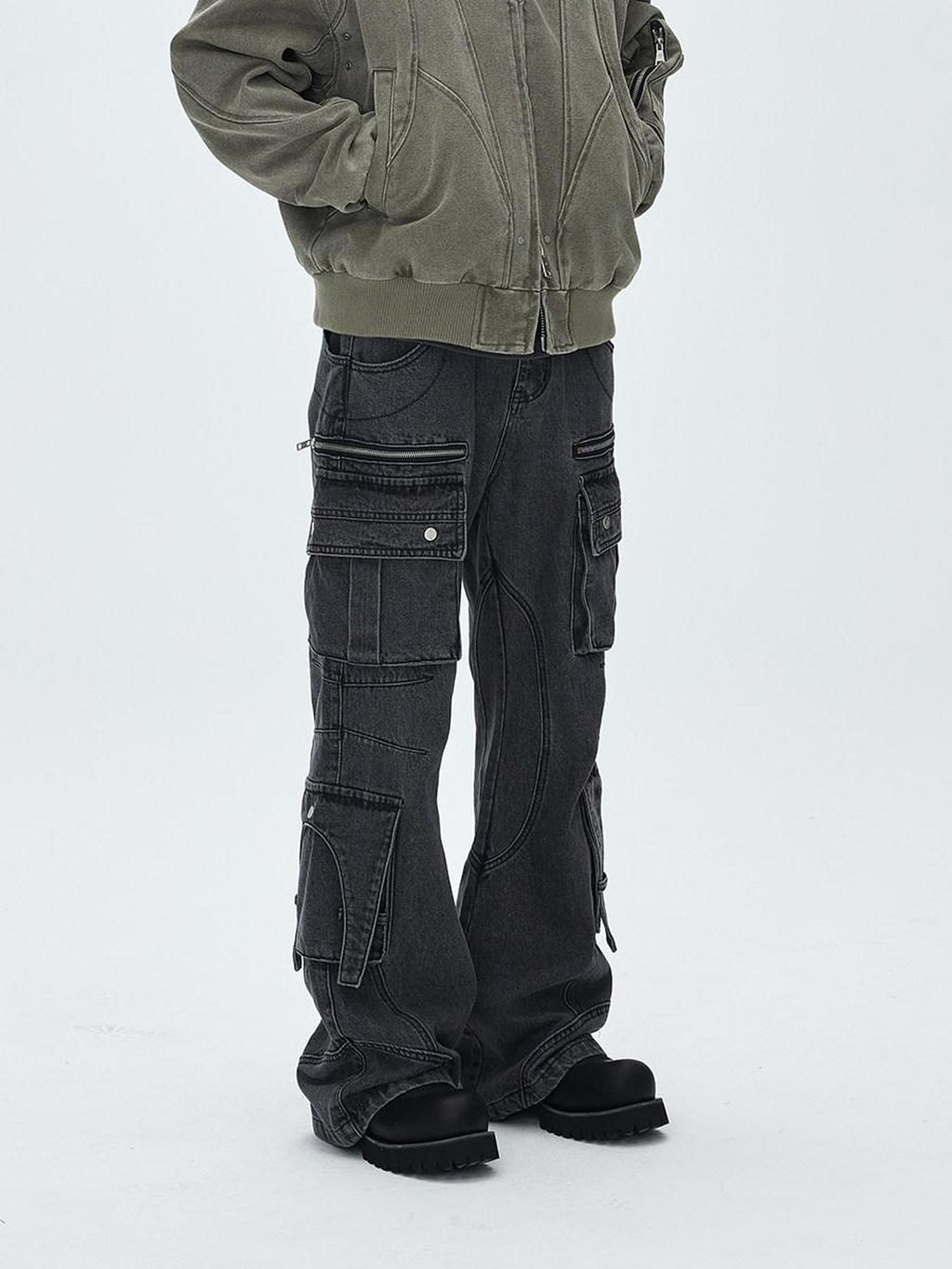 CATSSTAC Washed Multi Pocket Mid Rise Cargo Denim Black Grey Straight Leg Jeans
