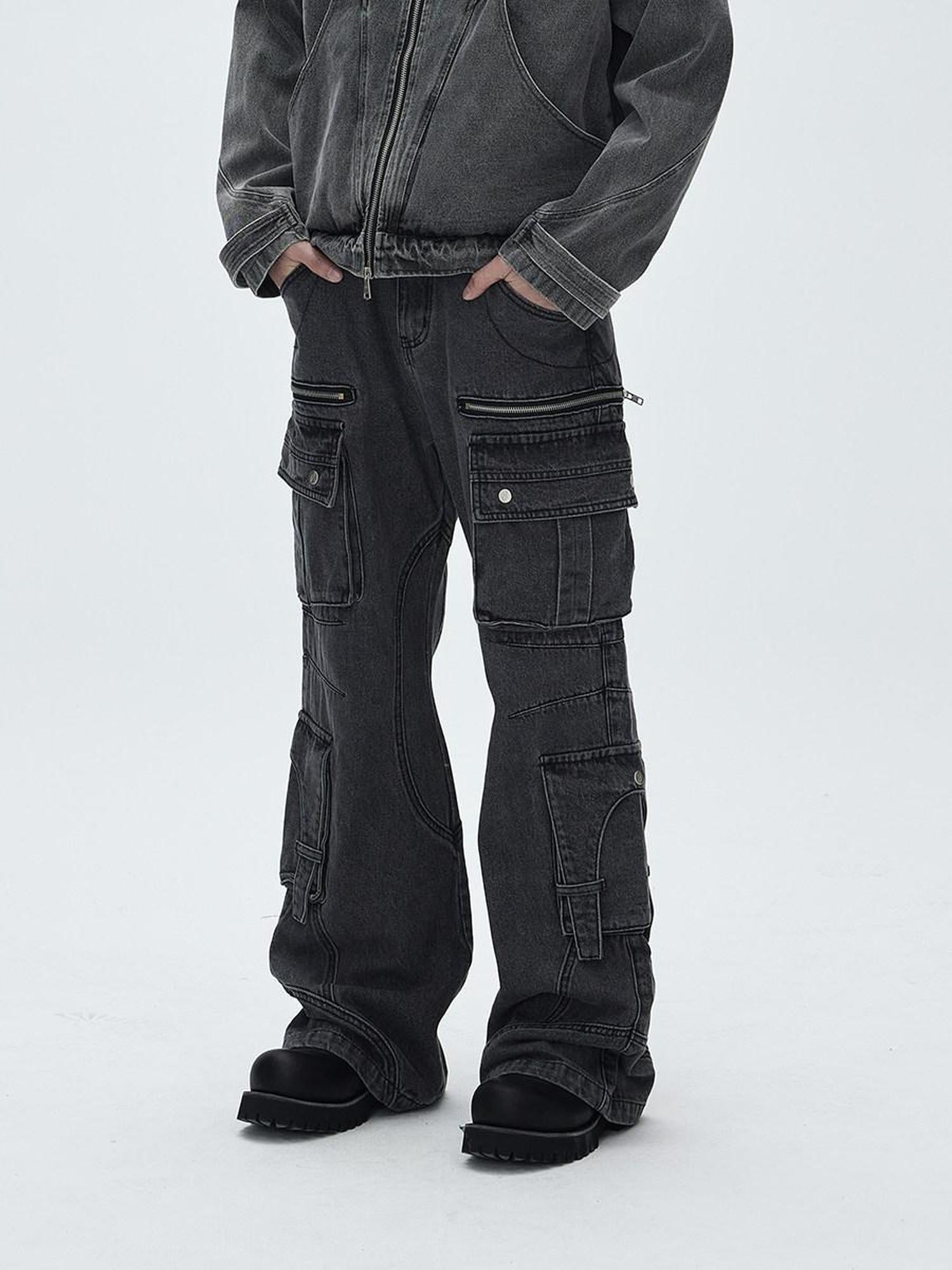 CATSSTAC Washed Multi Pocket Mid Rise Cargo Denim Black Grey Straight Leg Jeans