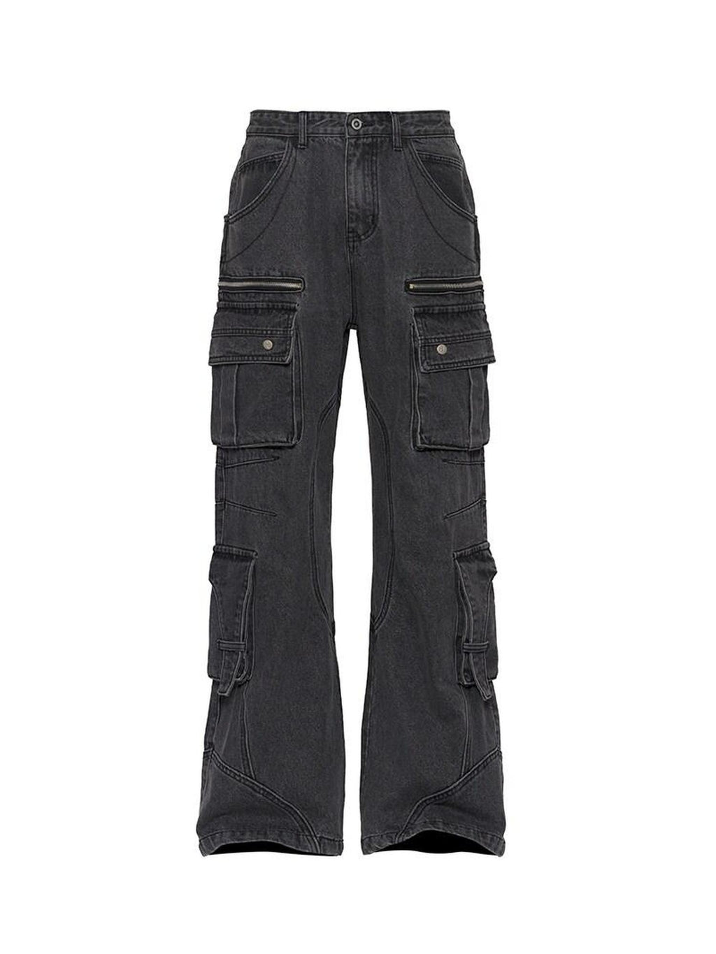 CATSSTAC Washed Multi Pocket Mid Rise Cargo Denim Black Grey Straight Leg Jeans