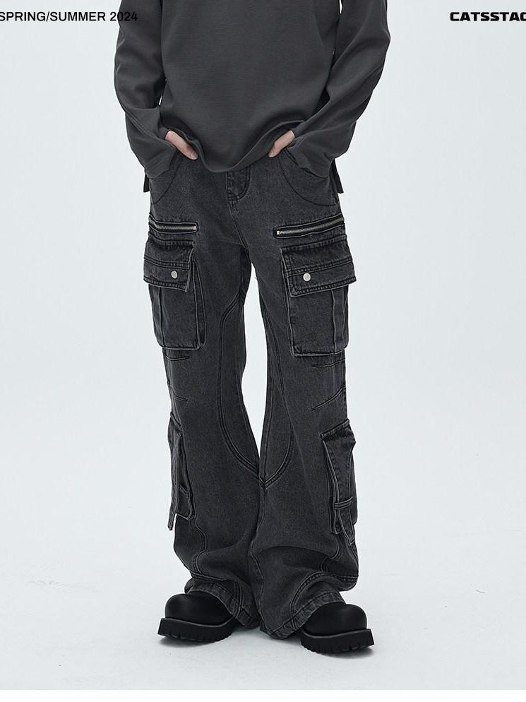 CATSSTAC Washed Multi Pocket Mid Rise Cargo Denim Black Grey Straight Leg Jeans