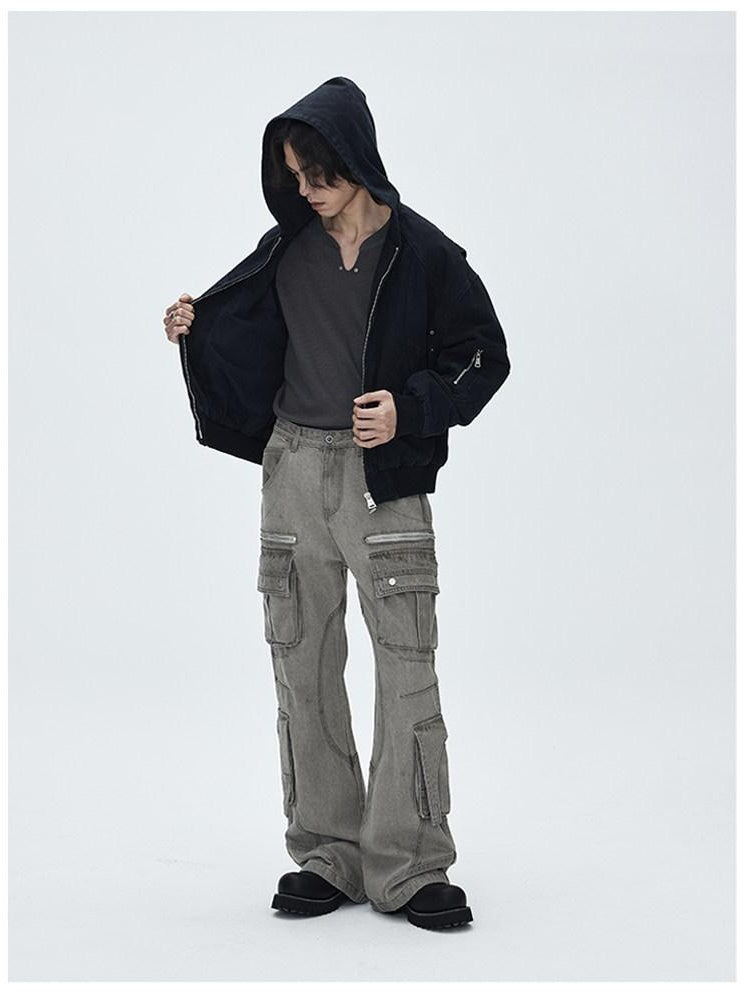 CATSSTAC Washed Multi Pocket Mid Rise Cargo Denim Black Grey Straight Leg Jeans