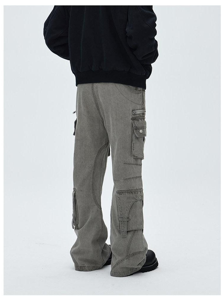 CATSSTAC Washed Multi Pocket Mid Rise Cargo Denim Black Grey Straight Leg Jeans