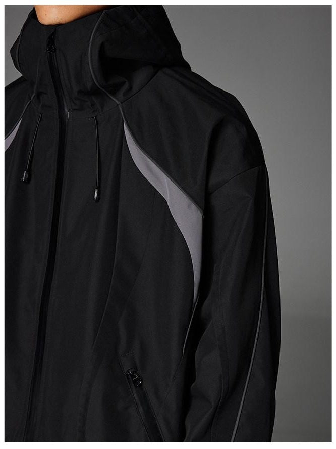 CATSSTAC Windproof Hooded Colorblock Loose Fit Unisex Zip Casual Outerwear Shell Jackets