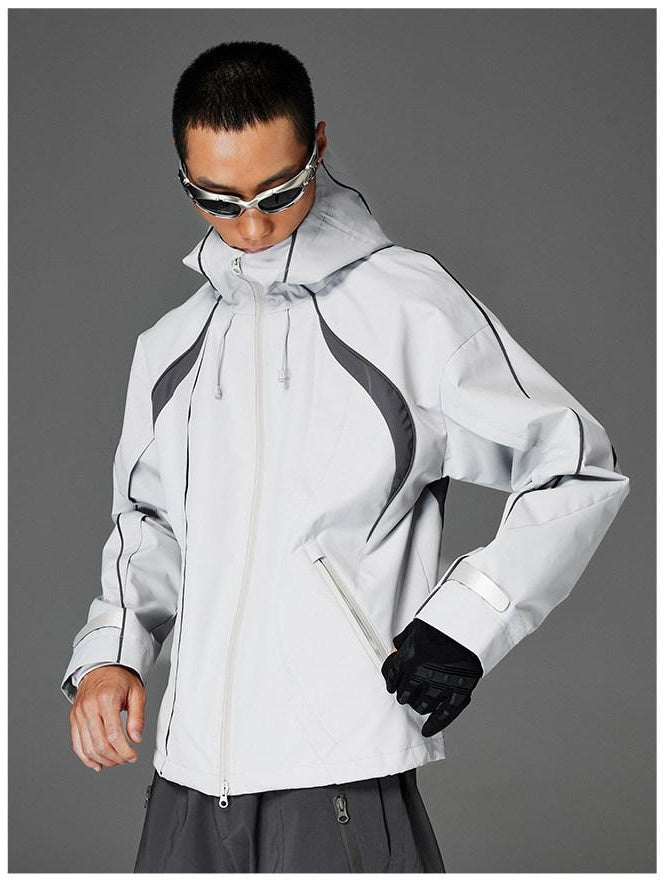 CATSSTAC Windproof Hooded Colorblock Loose Fit Unisex Zip Casual Outerwear Shell Jackets