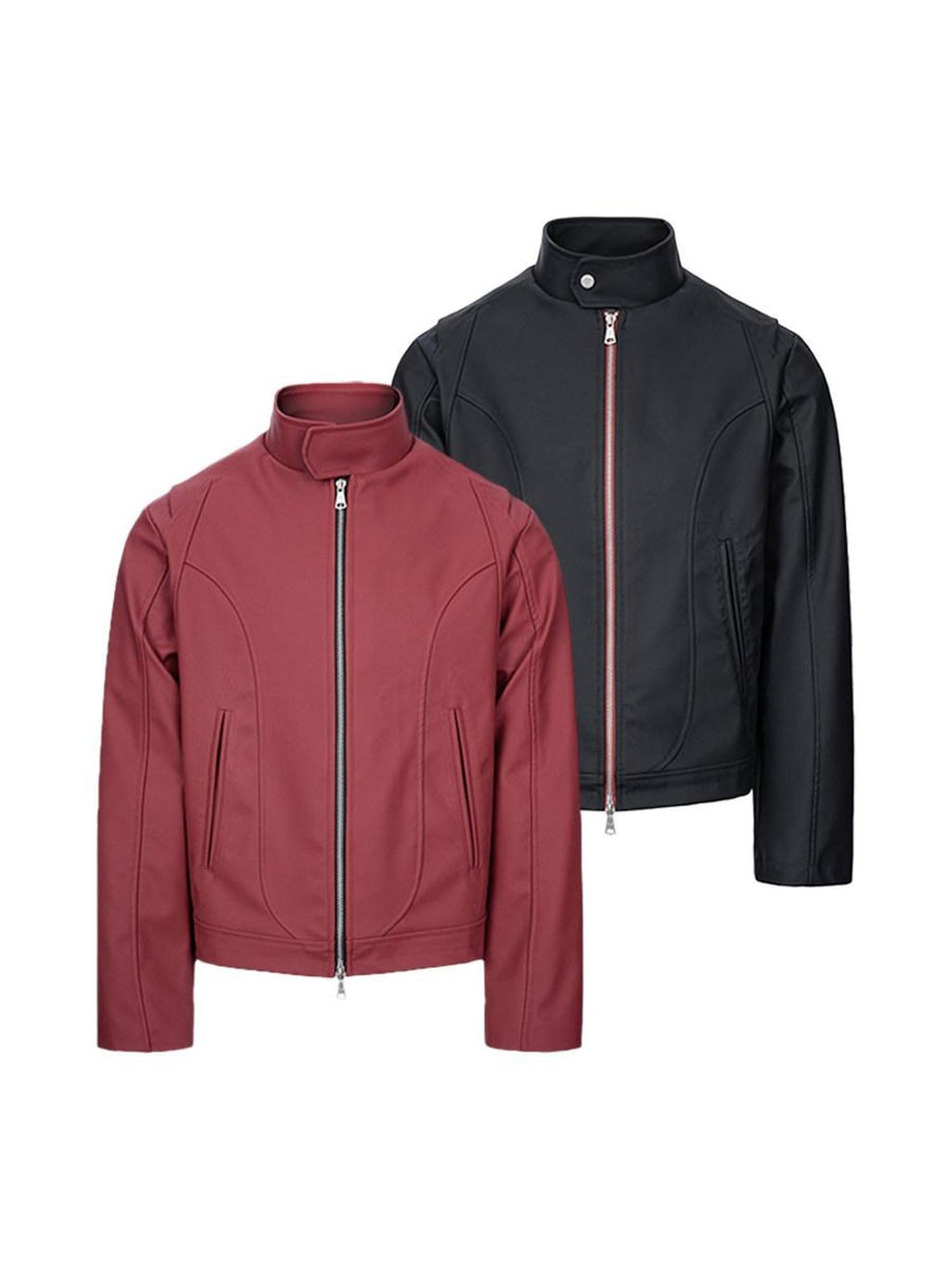 CATSSTAC Windproof Loose Fit Short Zip Front Round Neck Mens Polyester Red Black Jackets