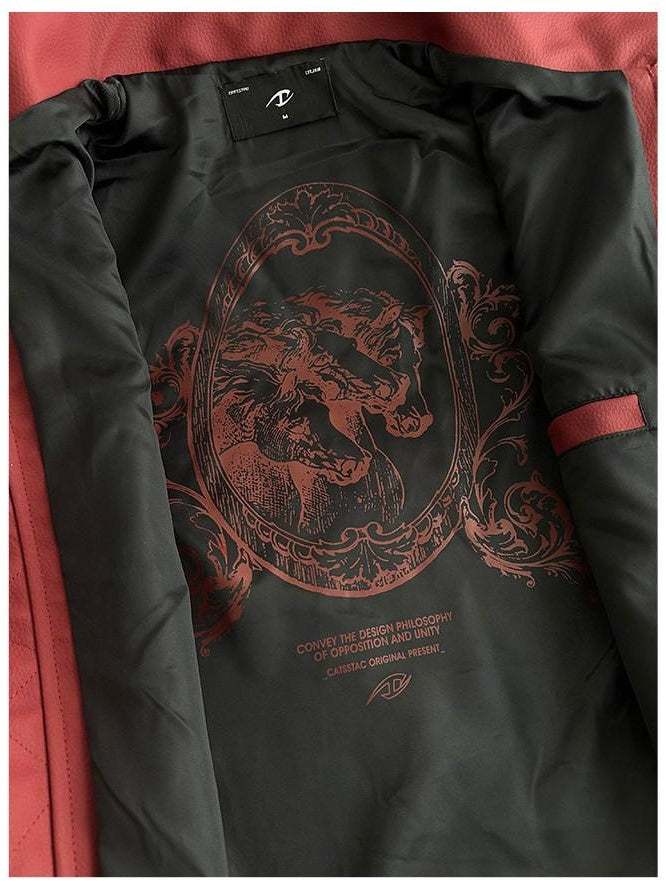 CATSSTAC Windproof Loose Fit Short Zip Front Round Neck Mens Polyester Red Black Jackets