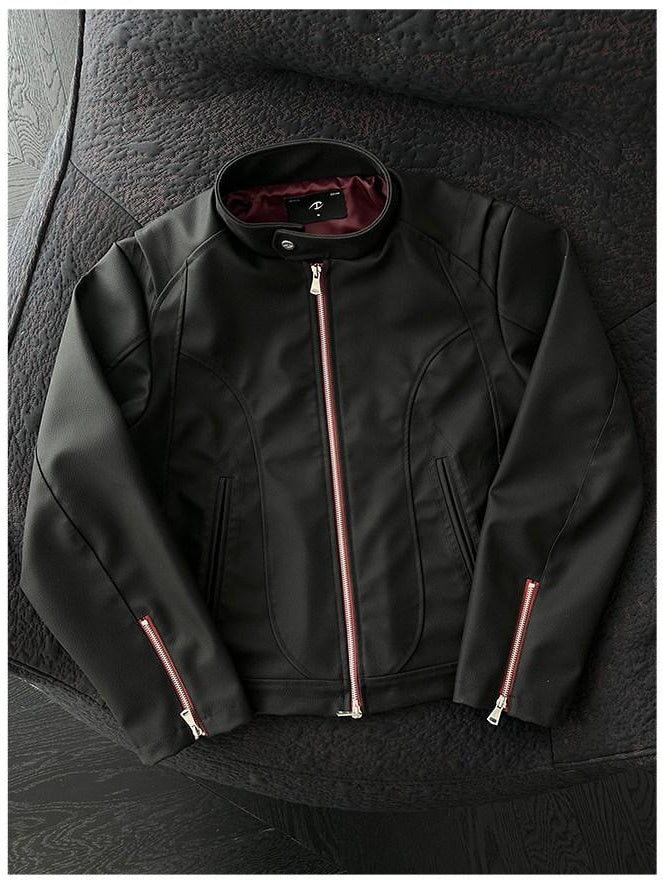 CATSSTAC Windproof Loose Fit Short Zip Front Round Neck Mens Polyester Red Black Jackets