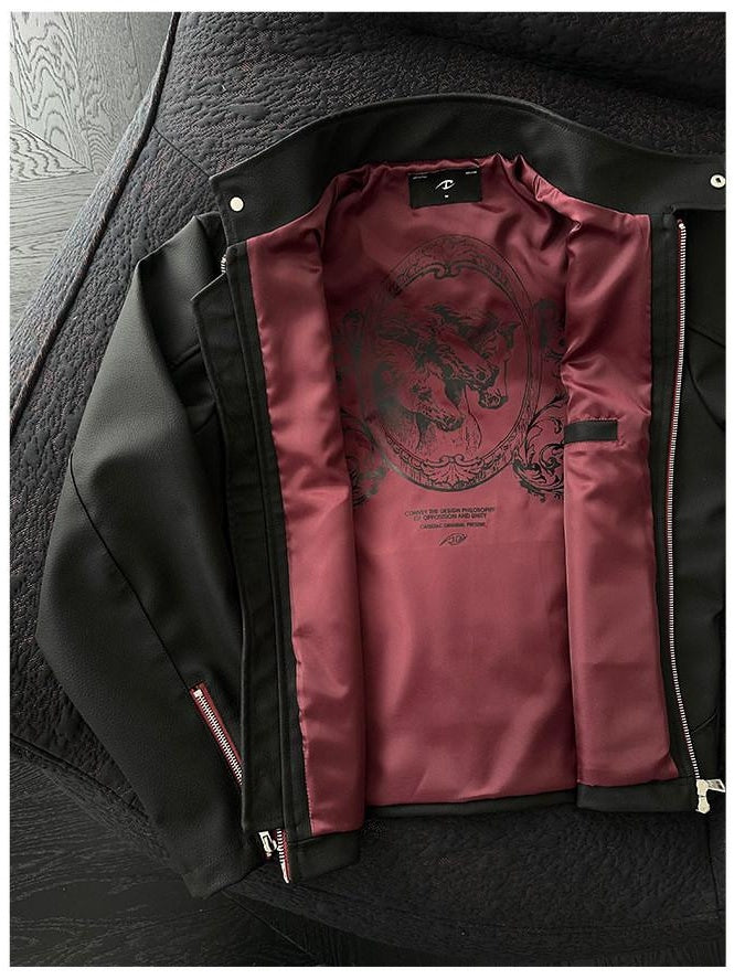 CATSSTAC Windproof Loose Fit Short Zip Front Round Neck Mens Polyester Red Black Jackets