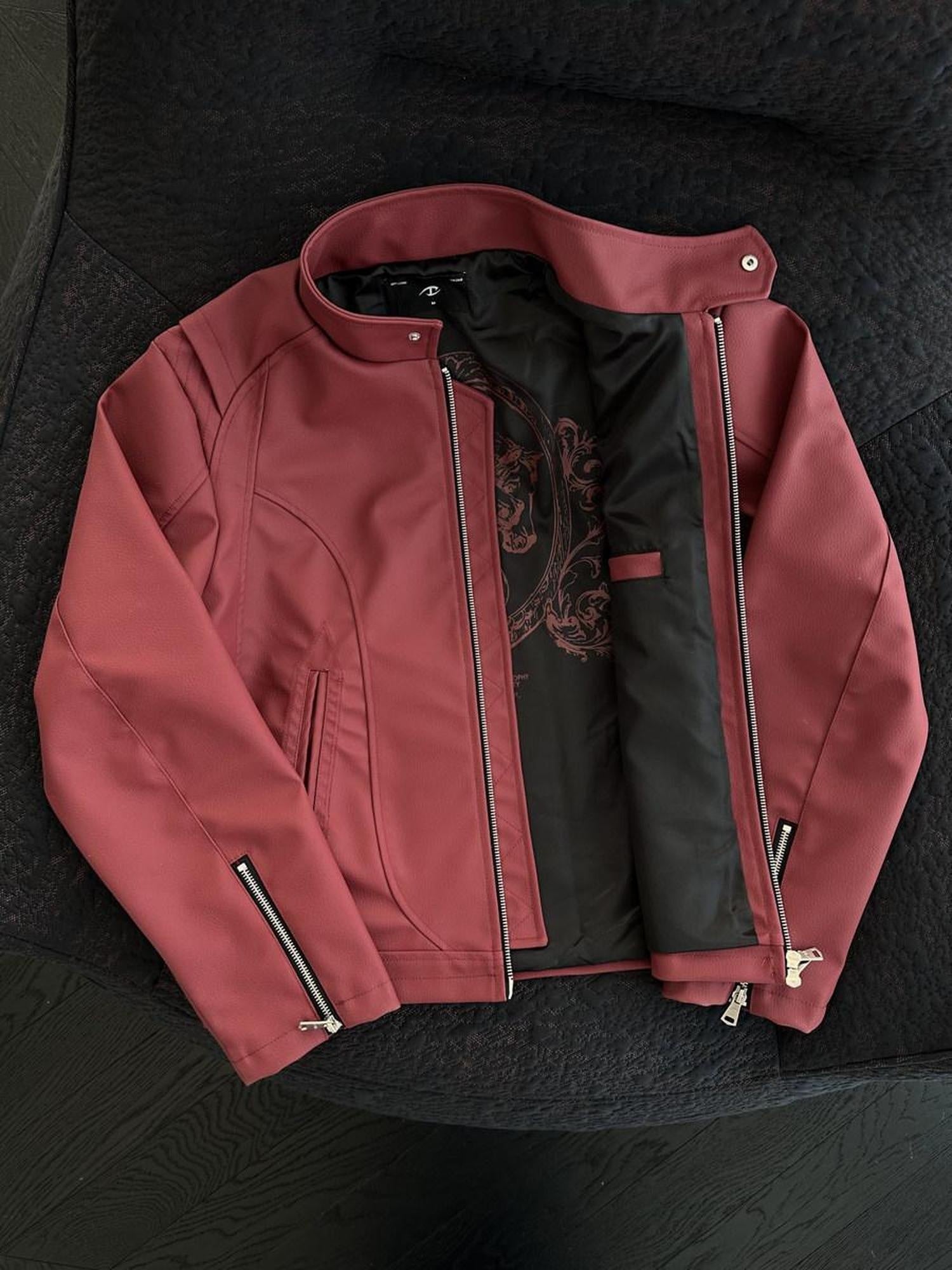 CATSSTAC Windproof Loose Fit Short Zip Front Round Neck Mens Polyester Red Black Jackets