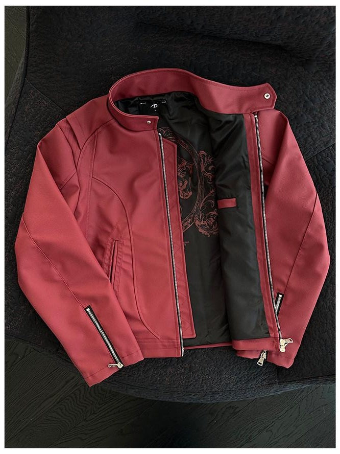 CATSSTAC Windproof Loose Fit Short Zip Front Round Neck Mens Polyester Red Black Jackets