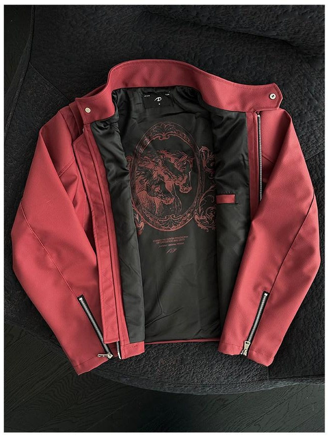 CATSSTAC Windproof Loose Fit Short Zip Front Round Neck Mens Polyester Red Black Jackets