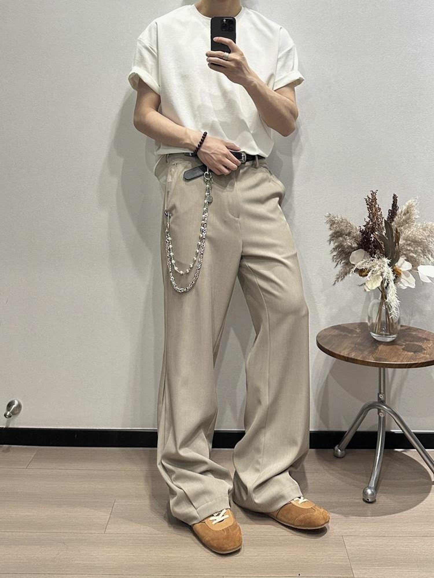 CATSSTAC Wrinkle Free Embroidered Loose Fit Subtle Flare Khaki Black Flared Pants