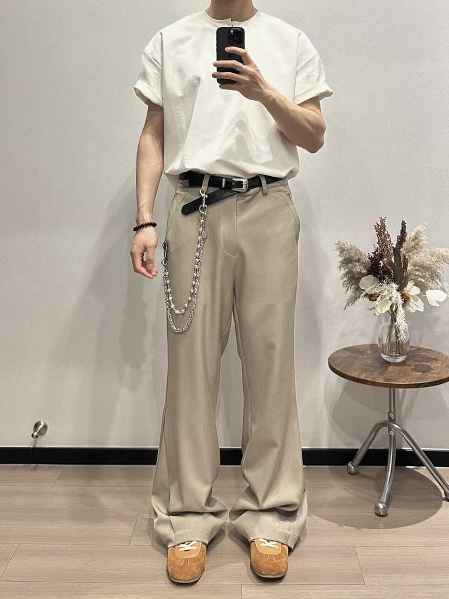 CATSSTAC Wrinkle Free Embroidered Loose Fit Subtle Flare Khaki Black Flared Pants