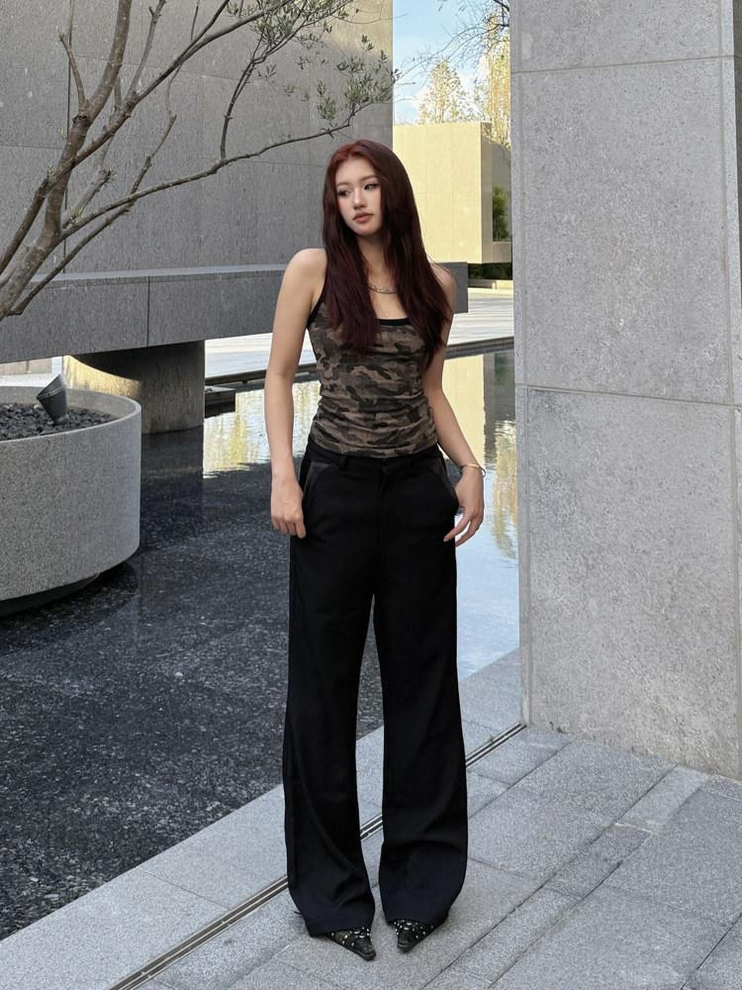 CATSSTAC Wrinkle Free Embroidered Loose Fit Subtle Flare Khaki Black Flared Pants