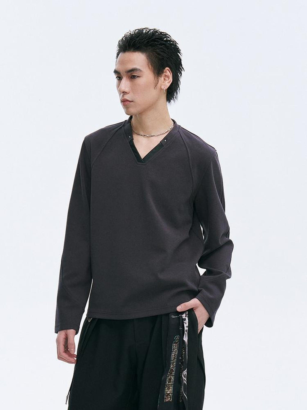 CATSSTAC Youthful Trendy Oversized V-neck Long Sleeve Casual Black Gray M To 2Xl Knitwear