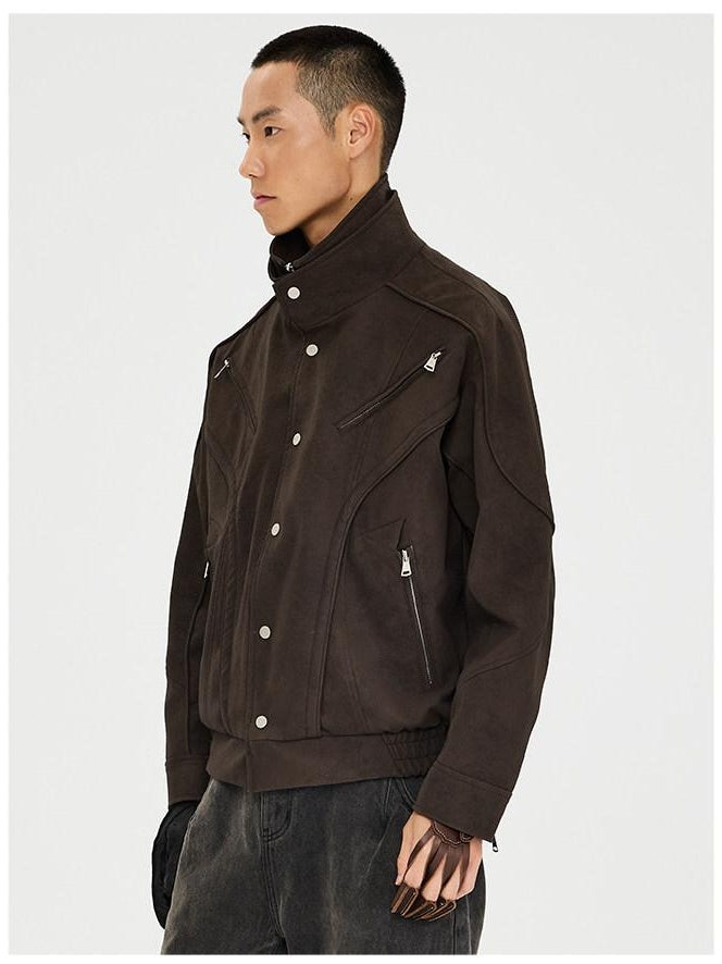 CATSSTAC Zip Up Stand Collar Loose Fit Casual Unisex Brown Everyday Outerwear Jackets