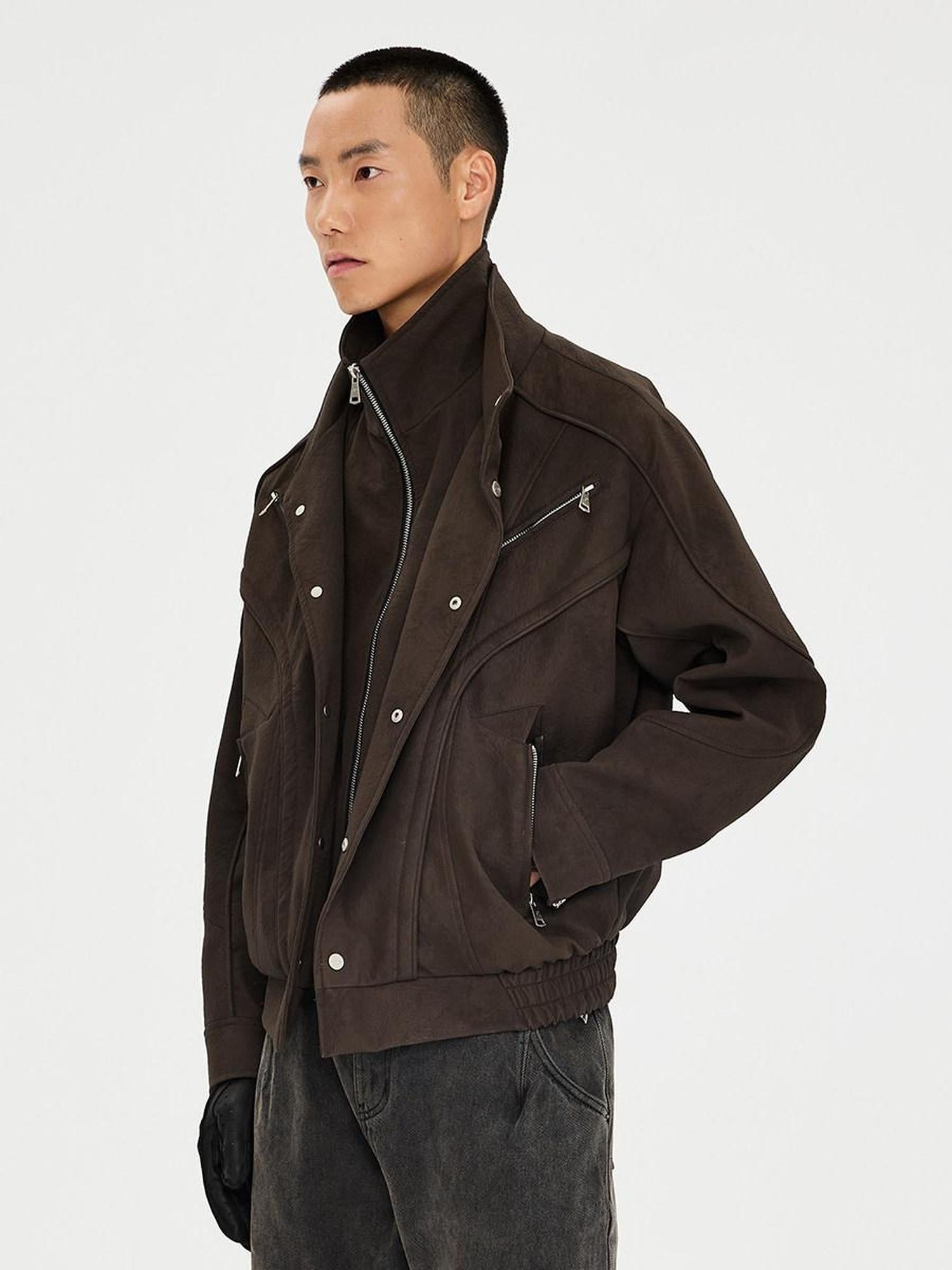 CATSSTAC Zip Up Stand Collar Loose Fit Casual Unisex Brown Everyday Outerwear Jackets