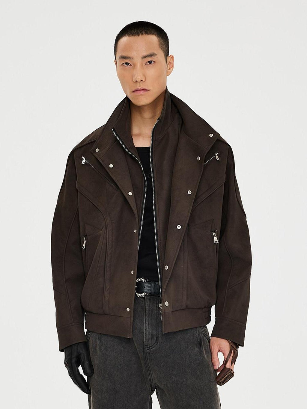 CATSSTAC Zip Up Stand Collar Loose Fit Casual Unisex Brown Everyday Outerwear Jackets