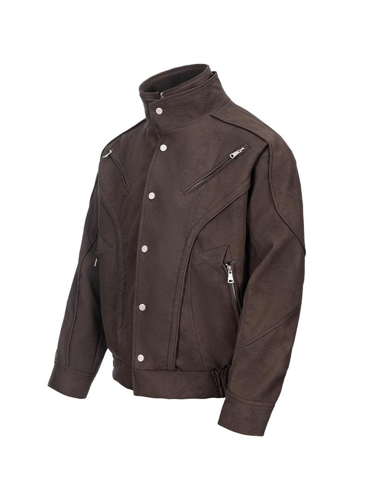 CATSSTAC Zip Up Stand Collar Loose Fit Casual Unisex Brown Everyday Outerwear Jackets