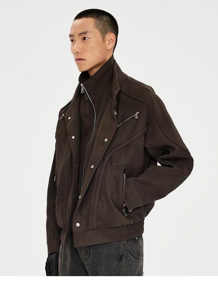 CATSSTAC Zip Up Stand Collar Loose Fit Casual Unisex Brown Everyday Outerwear Jackets