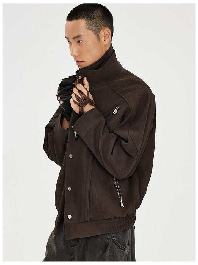 CATSSTAC Zip Up Stand Collar Loose Fit Casual Unisex Brown Everyday Outerwear Jackets