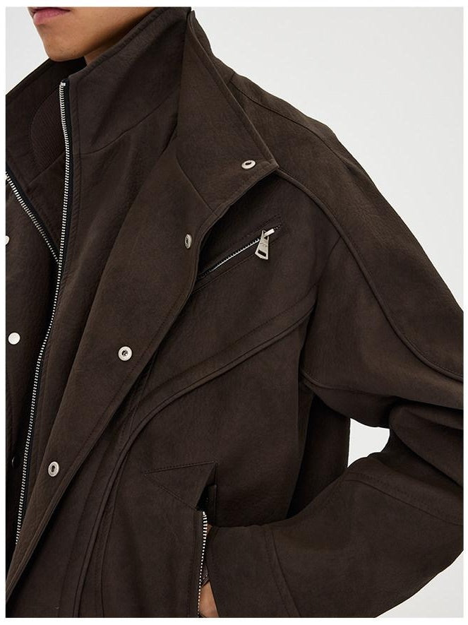 CATSSTAC Zip Up Stand Collar Loose Fit Casual Unisex Brown Everyday Outerwear Jackets