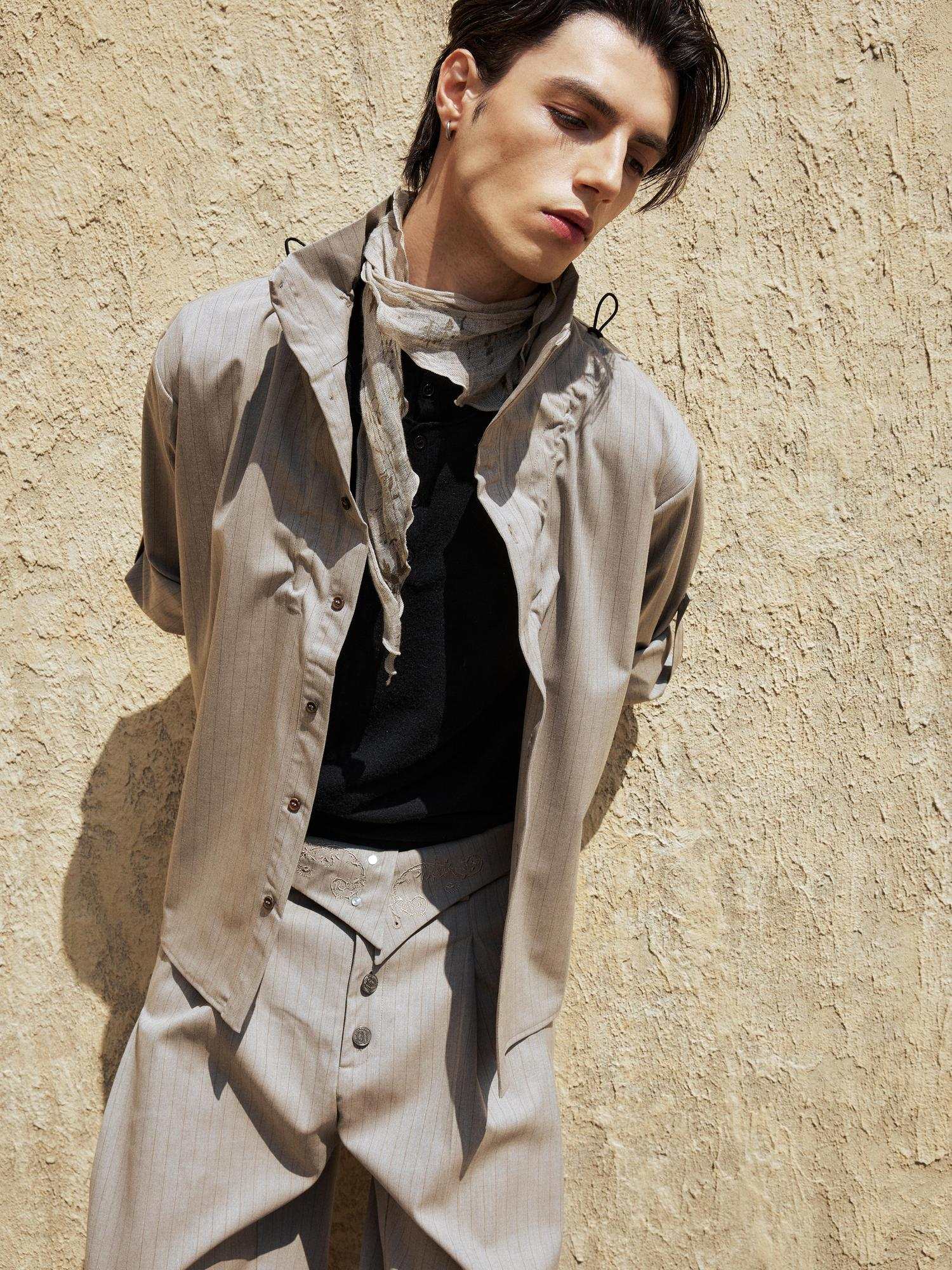 Hypeyourself Adjustable Patchwork Stand Collar Long Sleeve Unisex Striped Silk Blend Shirts