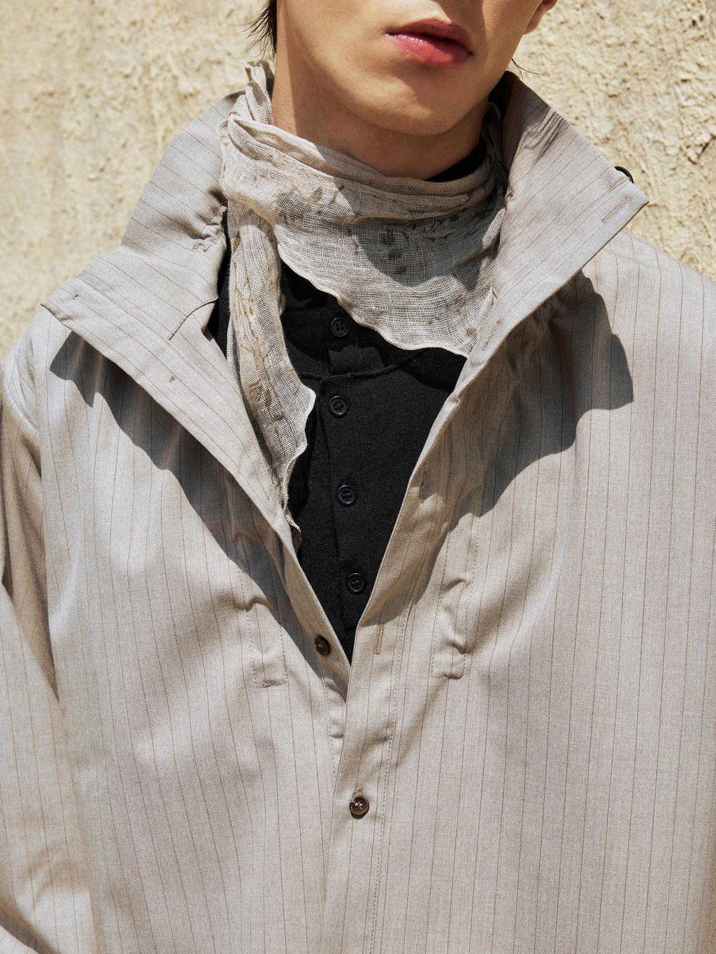 Hypeyourself Adjustable Patchwork Stand Collar Long Sleeve Unisex Striped Silk Blend Shirts