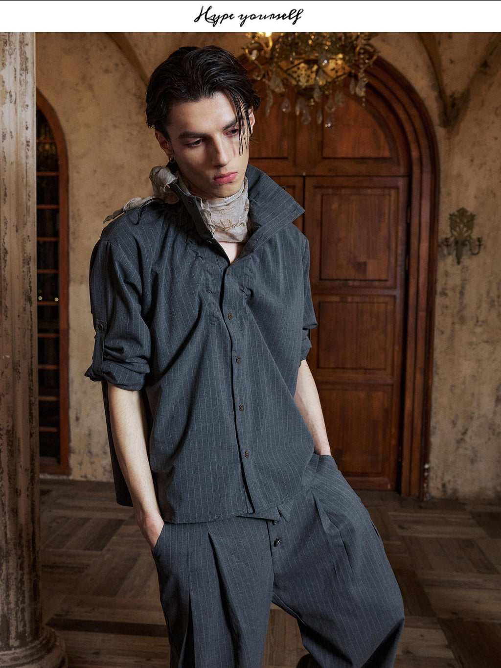 Hypeyourself Adjustable Patchwork Stand Collar Long Sleeve Unisex Striped Silk Blend Shirts