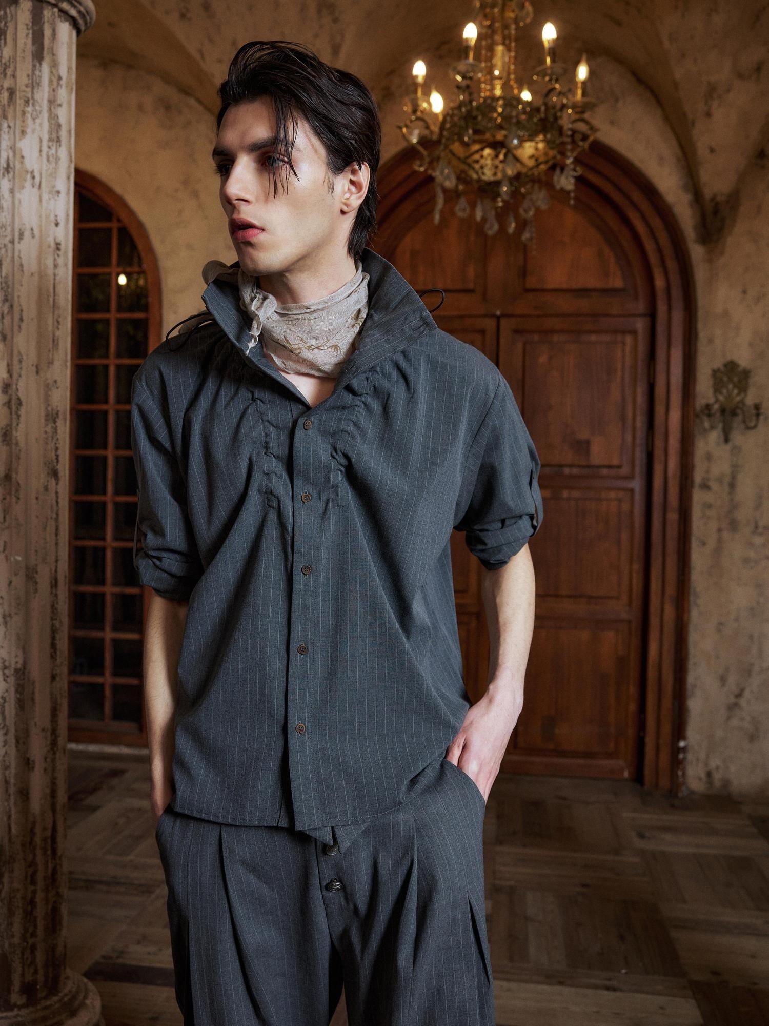 Hypeyourself Adjustable Silky Polyester Spliced Business Stand Collar Unisex Striped Shirts