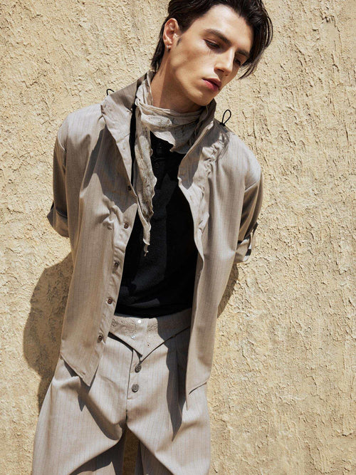 Hypeyourself Adjustable Silky Polyester Spliced Business Stand Collar Unisex Striped Shirts