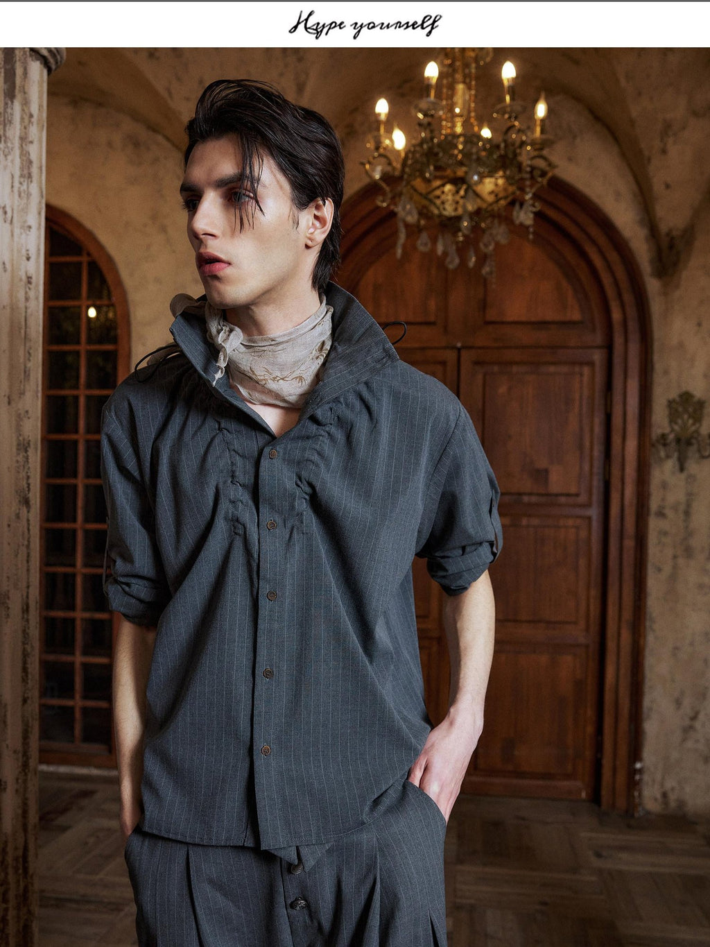 Hypeyourself Adjustable Silky Polyester Spliced Business Stand Collar Unisex Striped Shirts