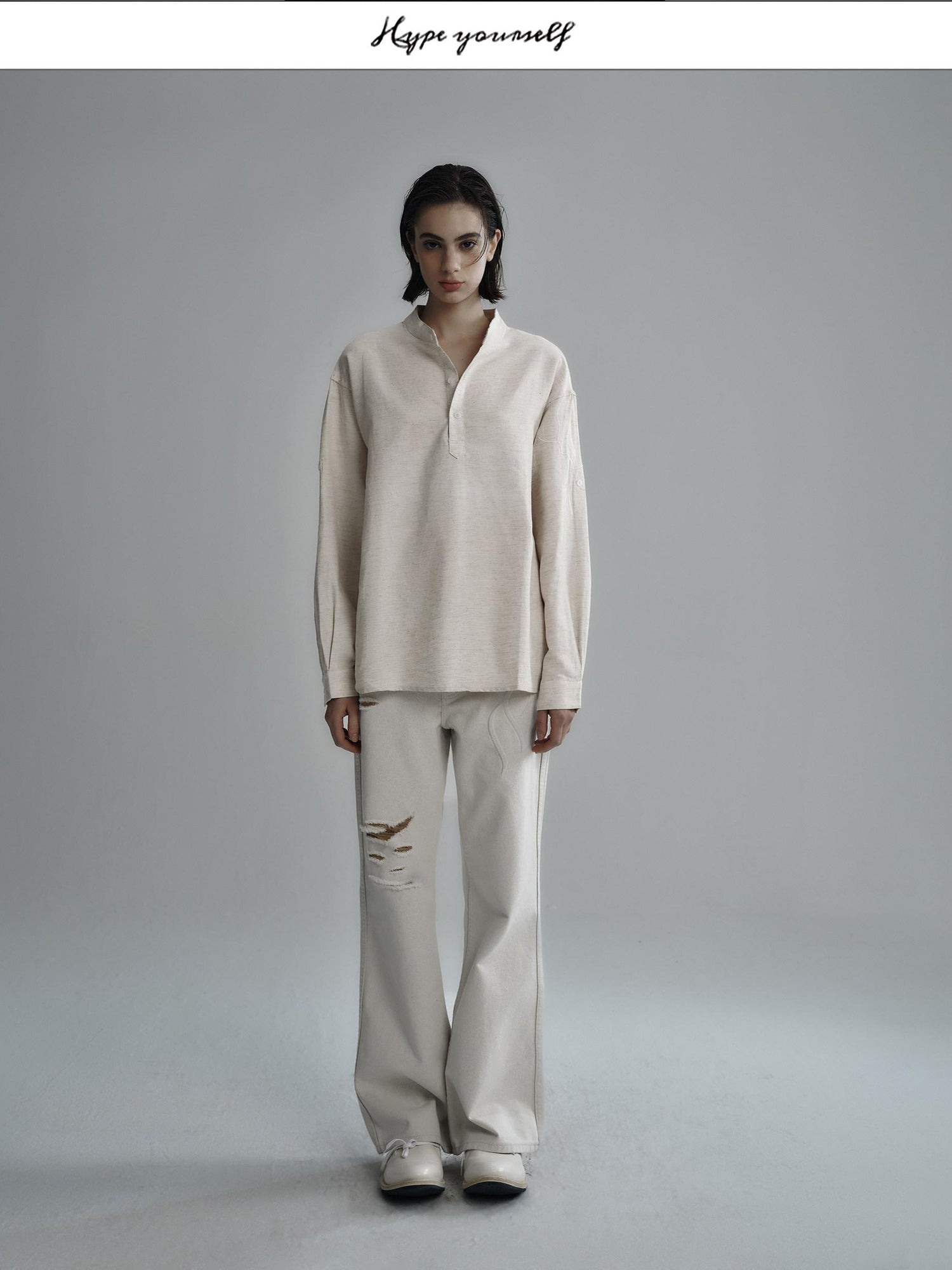 Hypeyourself Breathable Cotton Lyocell Linen Blend Loose Fit Half Collar Unisex Casual Shirts