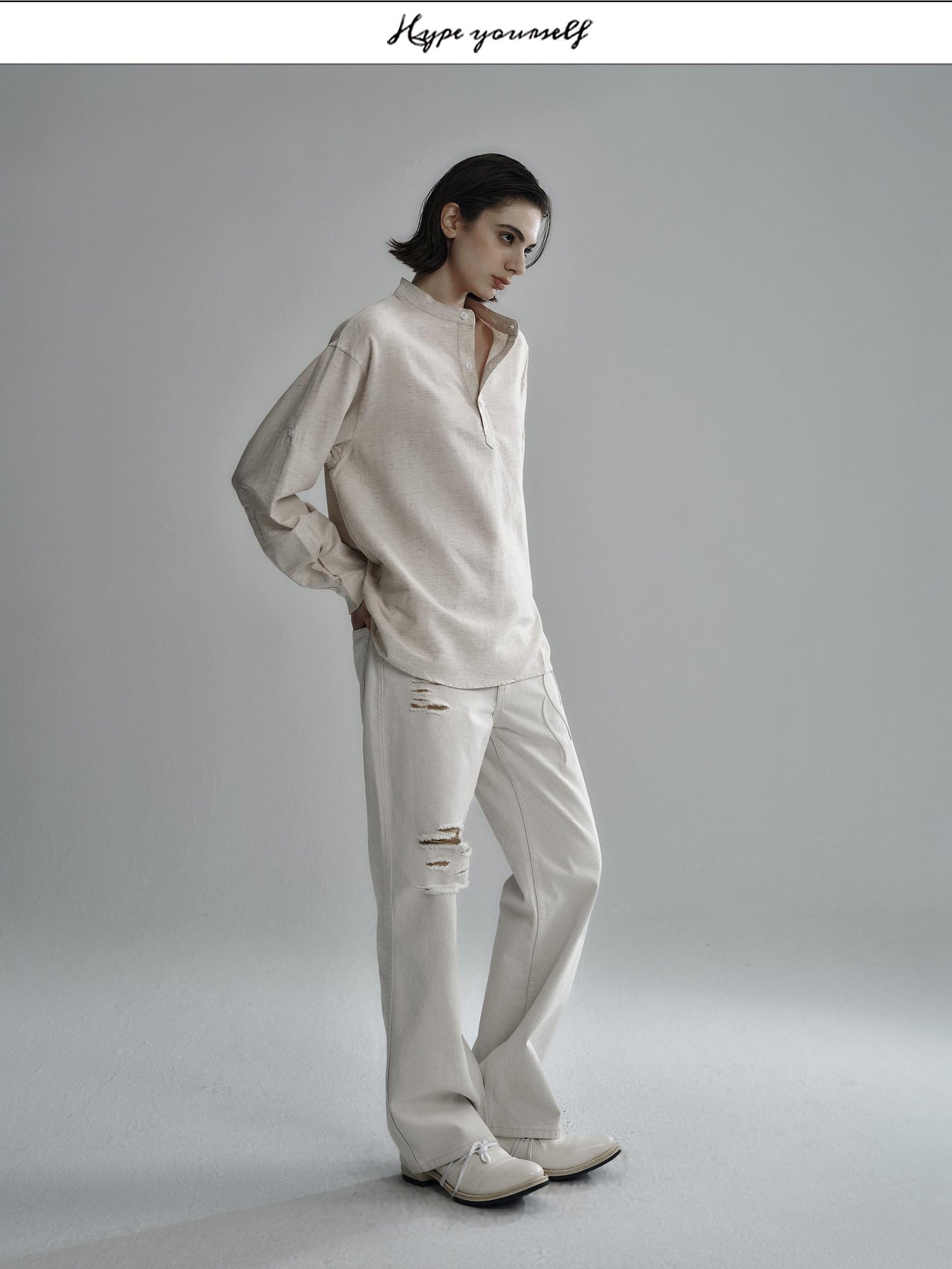 Hypeyourself Breathable Cotton Lyocell Linen Blend Loose Fit Half Collar Unisex Casual Shirts