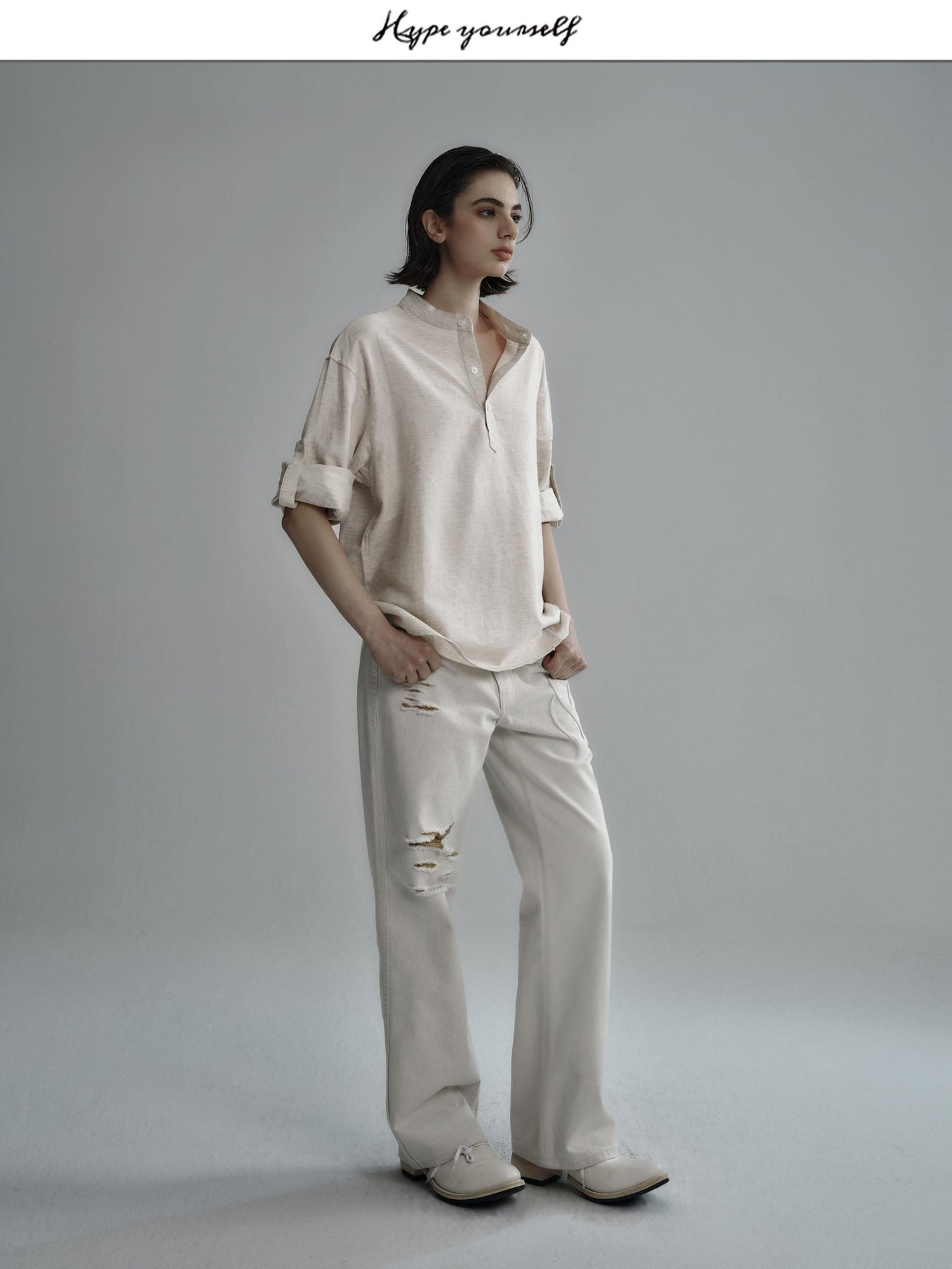 Hypeyourself Breathable Cotton Lyocell Linen Blend Loose Fit Half Collar Unisex Casual Shirts
