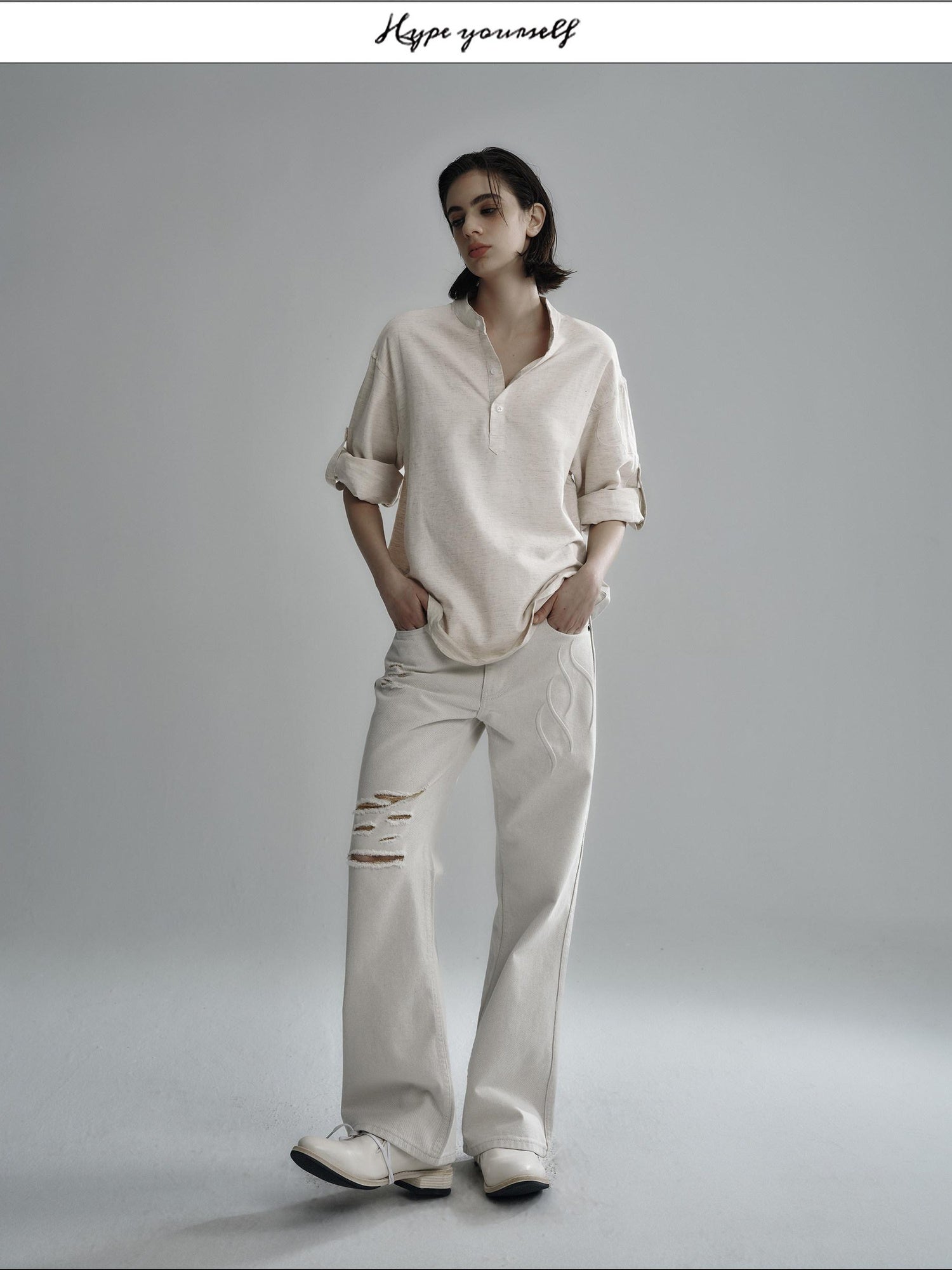 Hypeyourself Breathable Cotton Lyocell Linen Blend Loose Fit Half Collar Unisex Casual Shirts