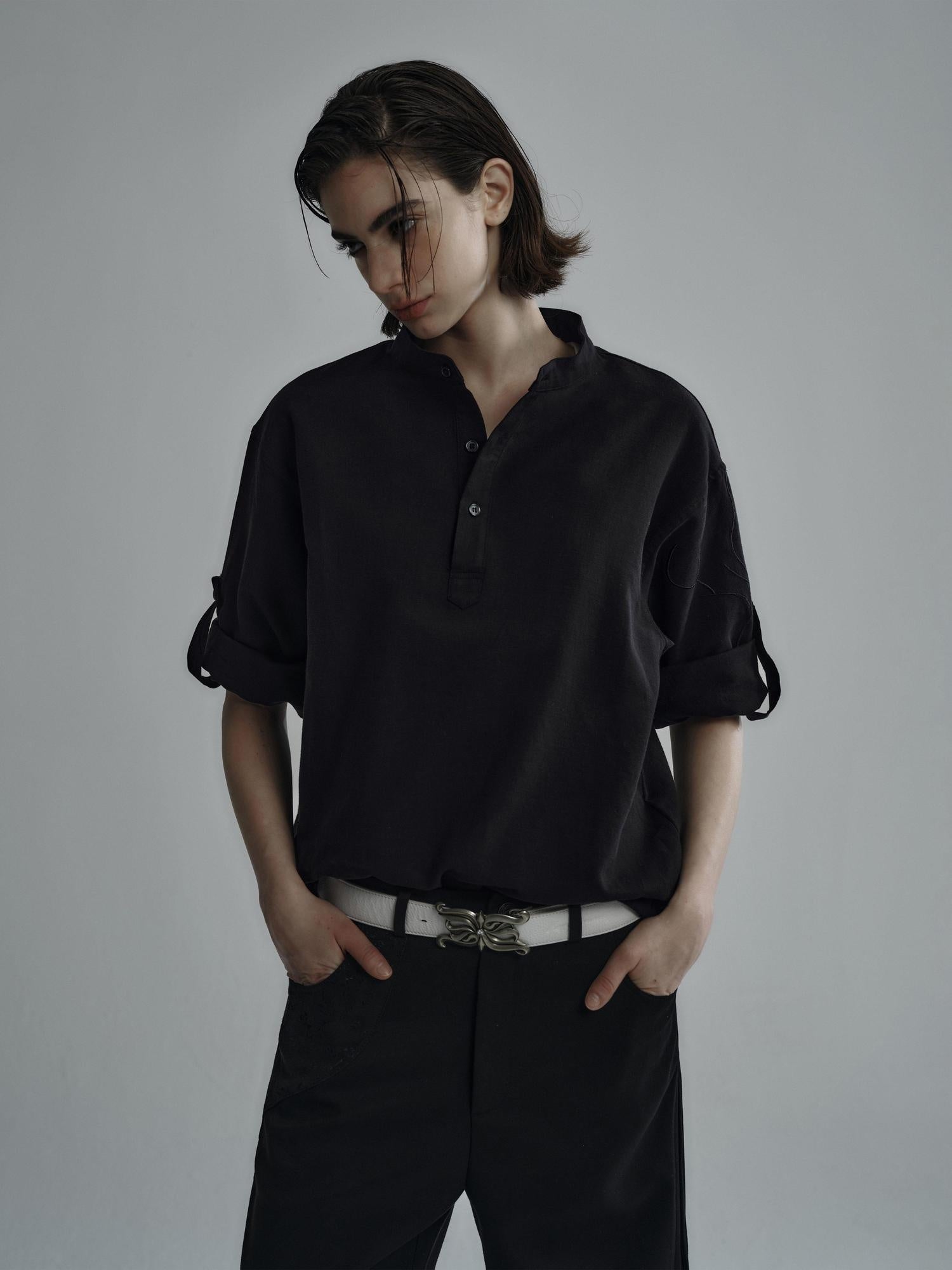 Hypeyourself Breathable Cotton Lyocell Linen Blend Loose Fit Half Collar Unisex Casual Shirts