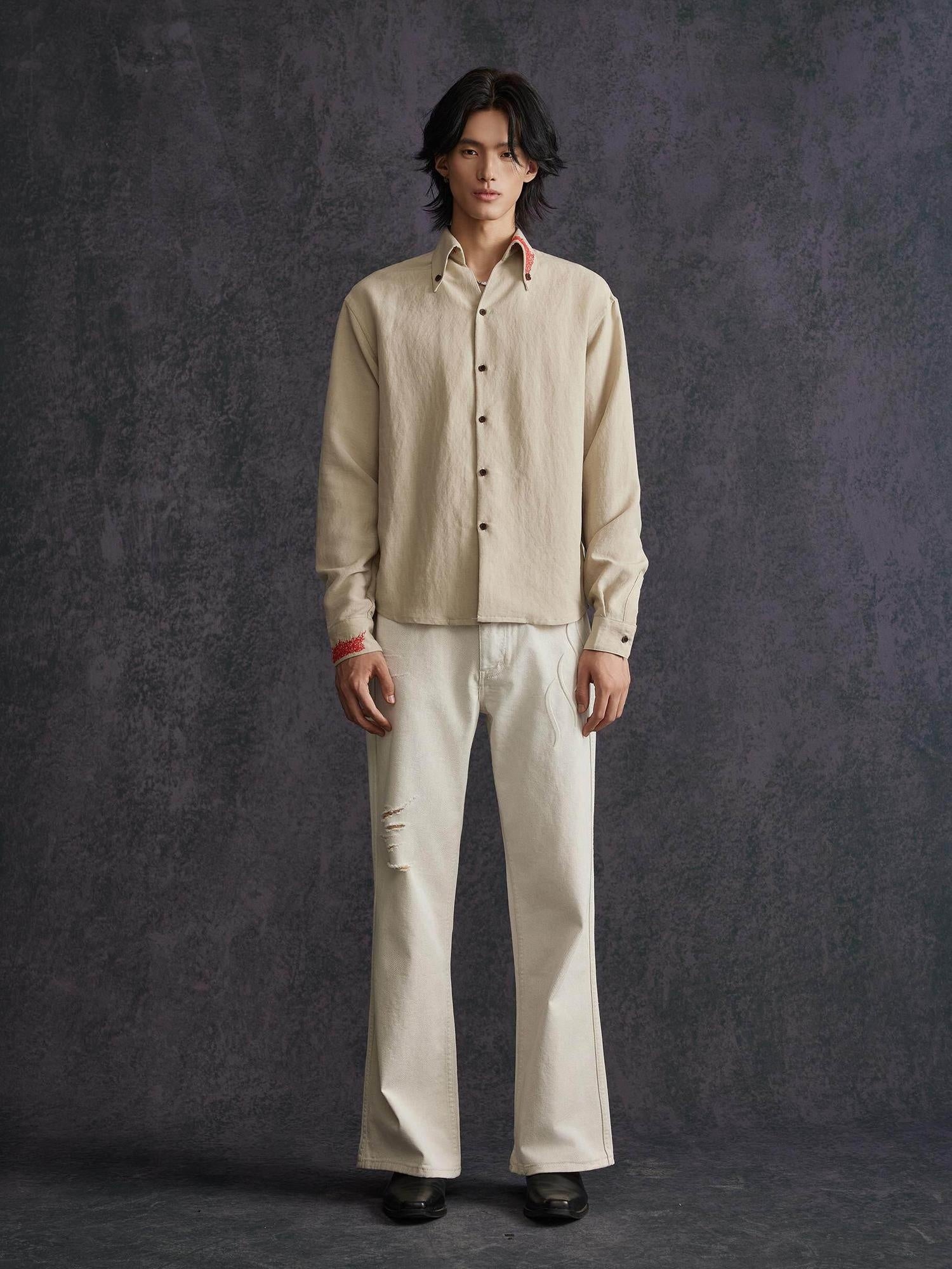 Hypeyourself Breathable Linen Blend Minimal Pointed Collar Unisex Long Sleeve Shirts