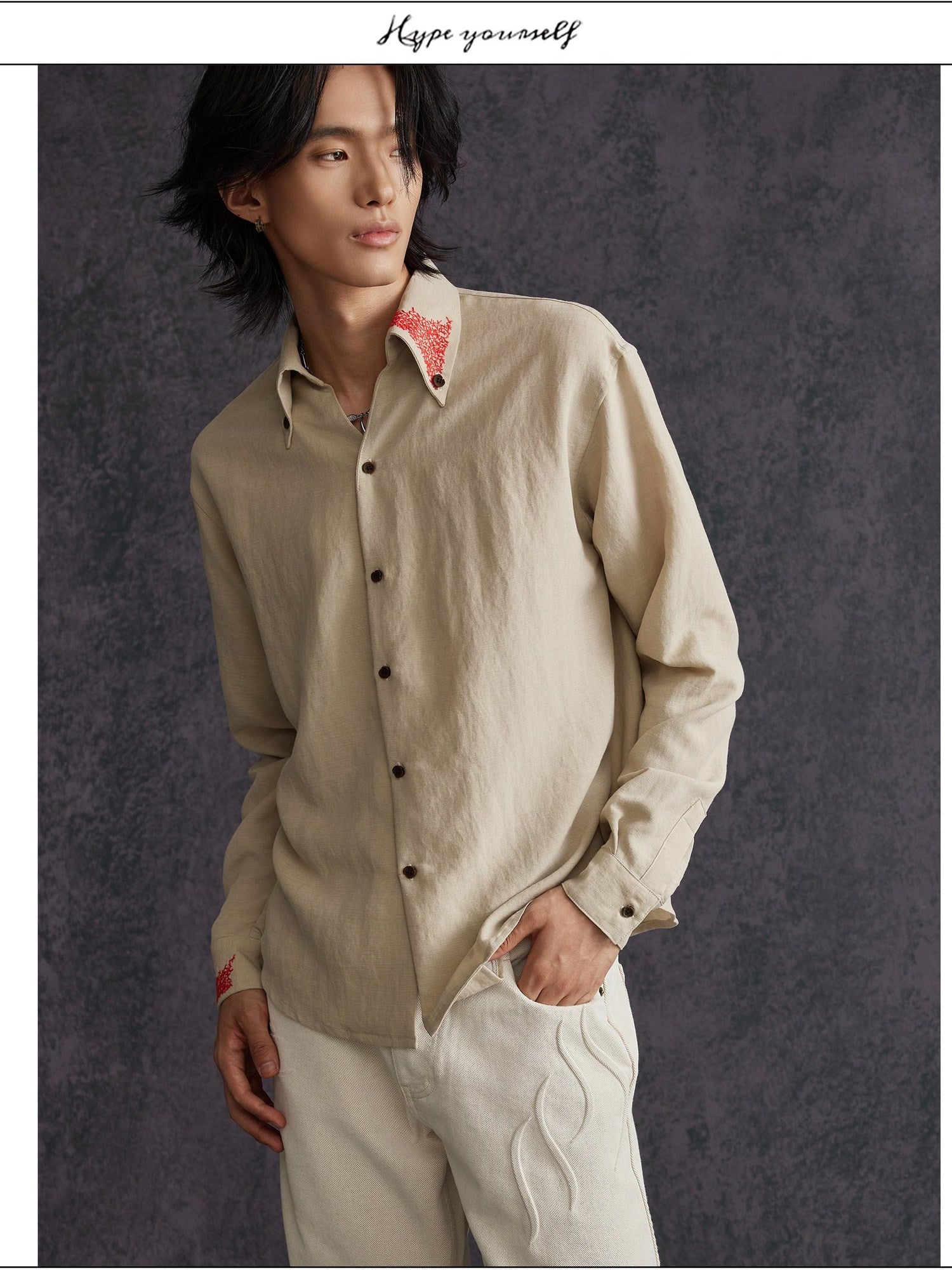 Hypeyourself Breathable Linen Blend Minimal Pointed Collar Unisex Long Sleeve Shirts