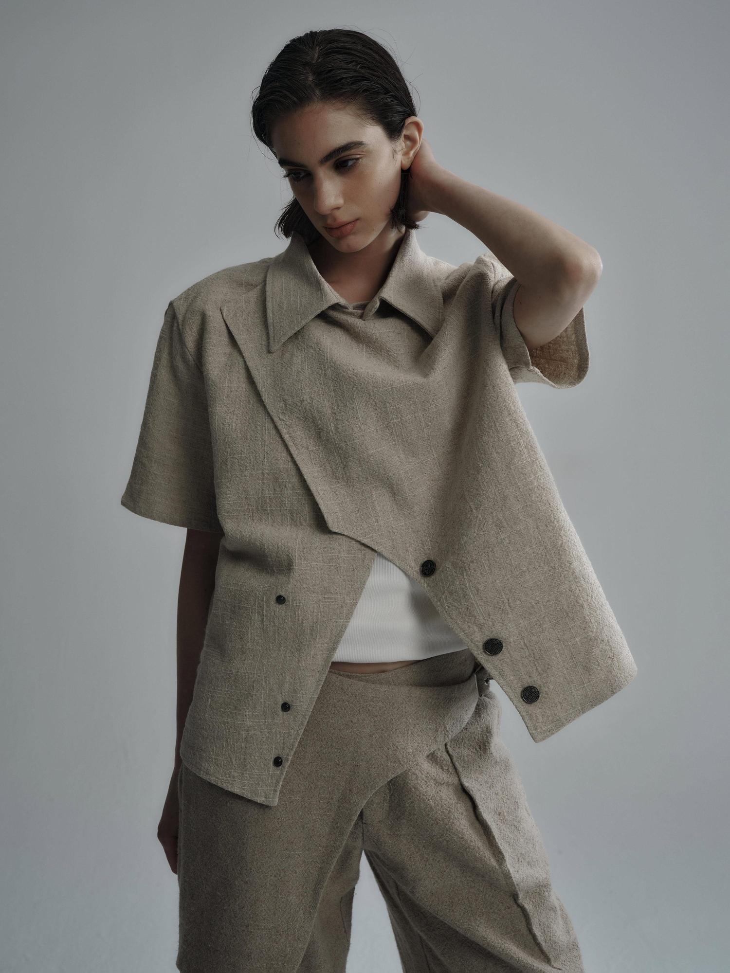 Hypeyourself Breathable Linen Cotton Loose Fit Open Collar Unisex Short Sleeve Solid Shirts