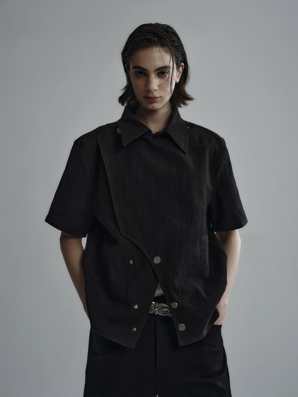 Hypeyourself Breathable Linen Cotton Loose Fit Open Collar Unisex Short Sleeve Solid Shirts