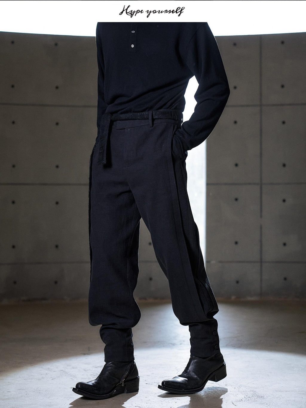 Hypeyourself Cinched Waist Linen Smart Casual Tapered Black Light Stretch Flared Pants