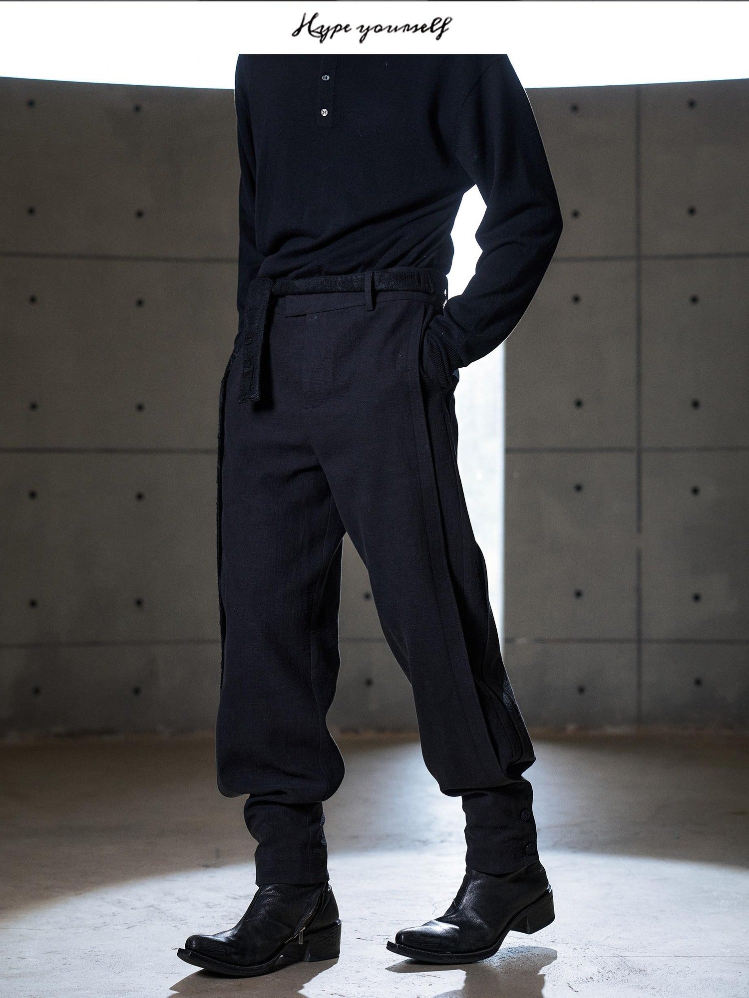 Hypeyourself Cinched Waist Linen Smart Casual Tapered Black Light Stretch Flared Pants