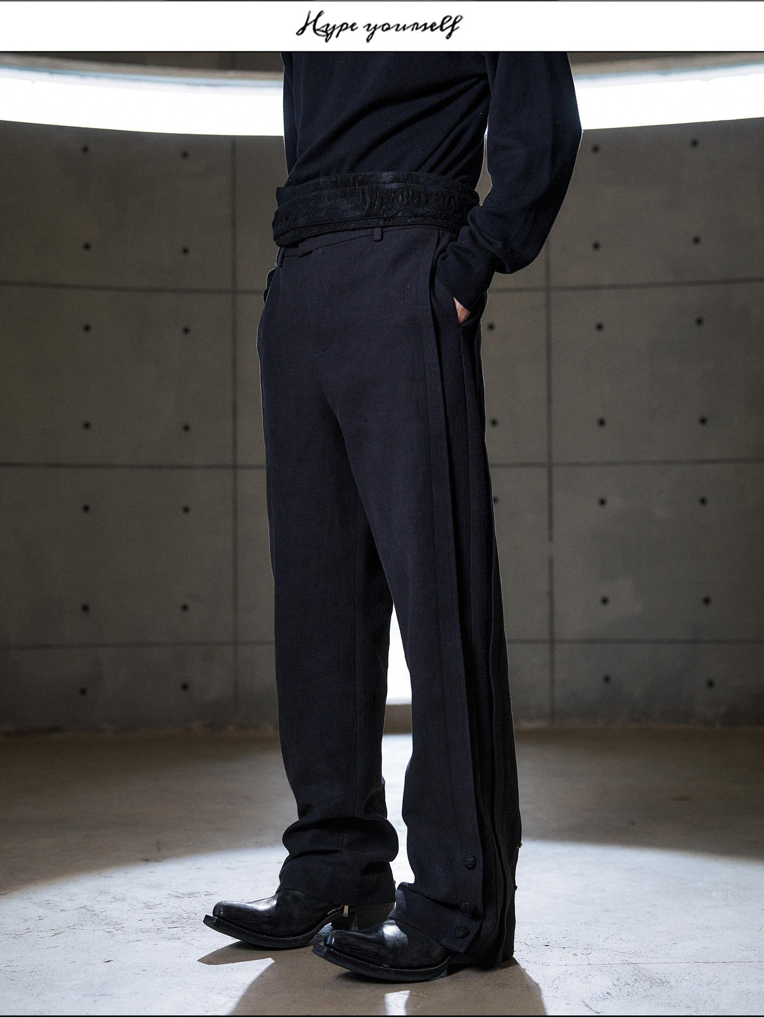 Hypeyourself Cinched Waist Linen Smart Casual Tapered Black Light Stretch Flared Pants