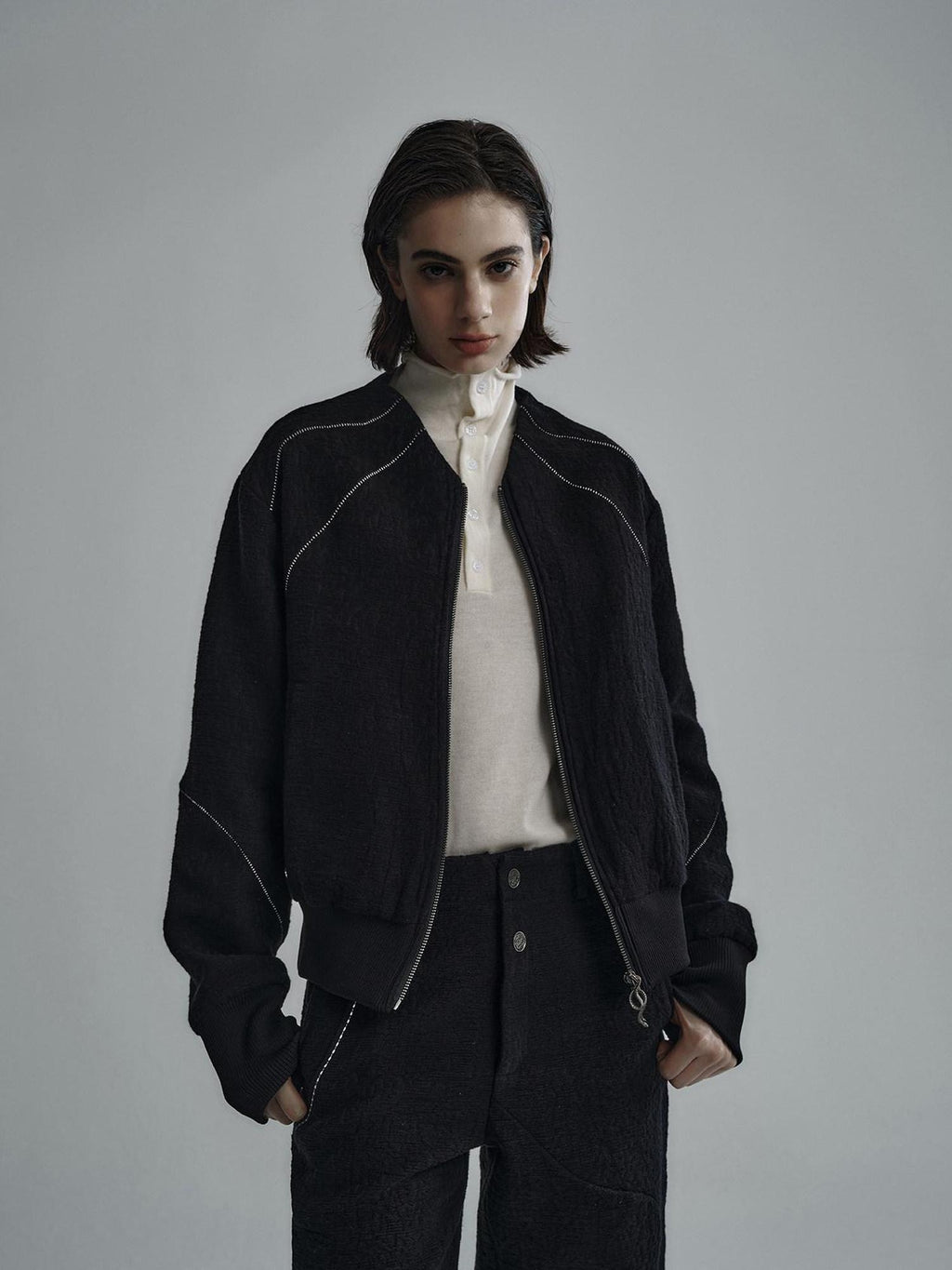 Hypeyourself Cotton Blend Patchwork Oversized Unisex Collarless Zipper Cropped Jackets