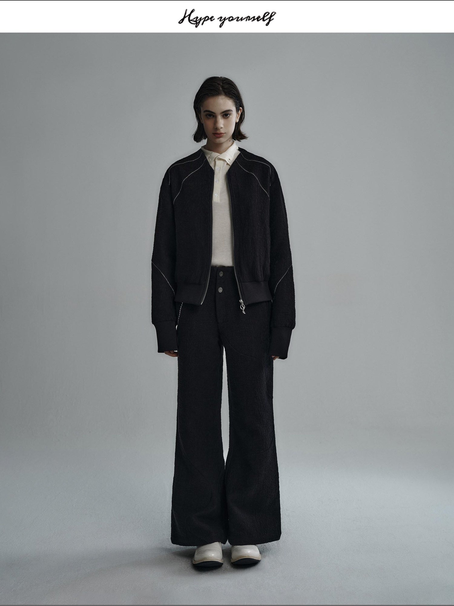 Hypeyourself Cotton Blend Patchwork Oversized Unisex Collarless Zipper Cropped Jackets