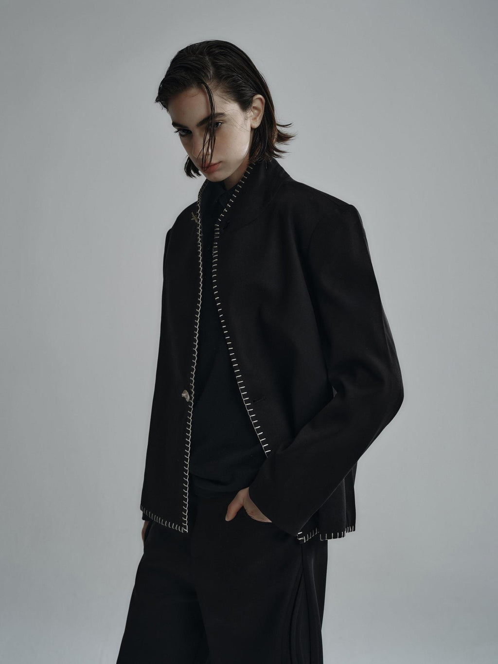 Hypeyourself Cotton Stretch Minimalist Stand Collar Short Unisex Black Ivory Cropped Jackets